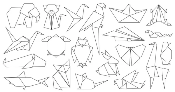 Origami animais de linha. Logotipo gráfico geométrico de papel e ícone pássaro, raposa, guindaste, rato, tubarão e elefante. Esboço conjunto vetor animal abstrato — Vetor de Stock