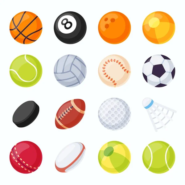 Palle sportive. Attrezzature da calcio, tennis, pallavolo, baseball e calcio. Disco da hockey e volano da badminton. Set vettore palla gioco piatto — Vettoriale Stock