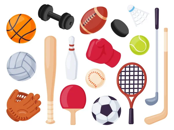 Équipement sportif. Balles de dessins animés et articles de jeu pour hockey, rugby, baseball et raquette de tennis. Ensemble vectoriel d'icônes plates de bowling, boxe et golf — Image vectorielle