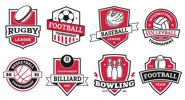 Top spor logosu. Amerikan futbolu, futbol ve basketbol ligi rozetleri. Kalkan vektör kümesinde voleybol ve bowling turnuvası sembolü — Stok Vektör