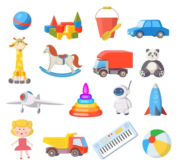 Juguetes. Juguete de dibujos animados para niños y niñas pelota, coche, muñeca, robot, cohete y avión. divertido niño pertenencias para bebé ducha vector conjunto — Vector de stock