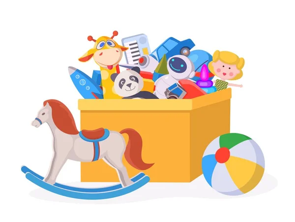 Дитяча іграшкова коробка. Мультиплікаційні діти грають в контейнер з лялькою, м'ячем, речами тварин, машиною і конем. Хлопчики та дівчатка дитячий садок іграшки Векторна концепція — стоковий вектор