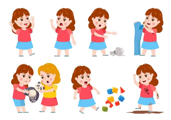 Girl bad behavior. Cartoon bully child cry, angry, fight, mocking and make mess. Sisters fighting over toy. Naughty kid character vector set — Stock Vector