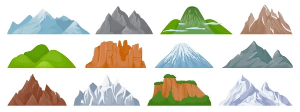 Montañas de dibujos animados. Pico nevado de montaña, colina, iceberg, monte rocoso y acantilado de escalada. Paisaje y turismo senderismo mapa elementos vector conjunto — Archivo Imágenes Vectoriales