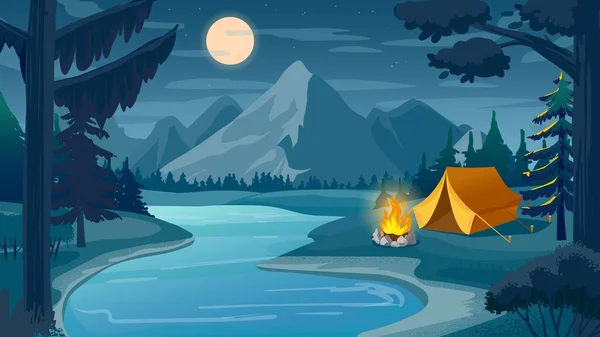 Mountain night camping. Cartoon forest landscape with lake, tent and campfire, sky with moon. Hiking adventure, nature tourism vector scene — Stock Vector