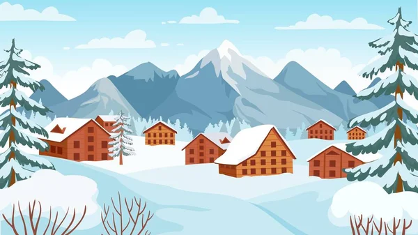 Montanha de inverno com casas. Casas em picos alpinos nevados para férias de inverno. Desenhos animados paisagem de conceito de vetor de estância de esqui —  Vetores de Stock