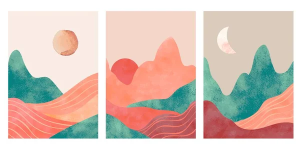 숨막히는 산들. 사막, 태양, 달이 숨어 있는 마취적 인 미니멀리즘적 풍경. 수채화와 종이 인쇄물, 벡터 포스터 — 스톡 벡터