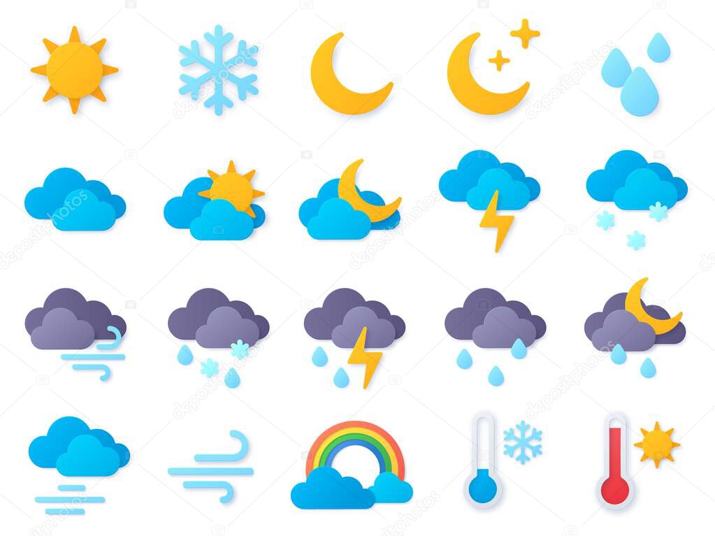 Paper cut weather icons. Symbols of rain, rainbow, sun, hot and cold temperature, winter snow and cloud. Meteo forecast pictogram vector set