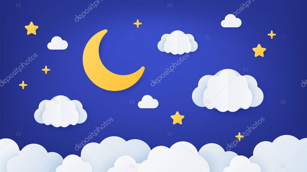 Paper art night sky. Origami dream landscape scene with moon, stars and clouds. Paper cut cartoon decoration for baby sleep, vector concept