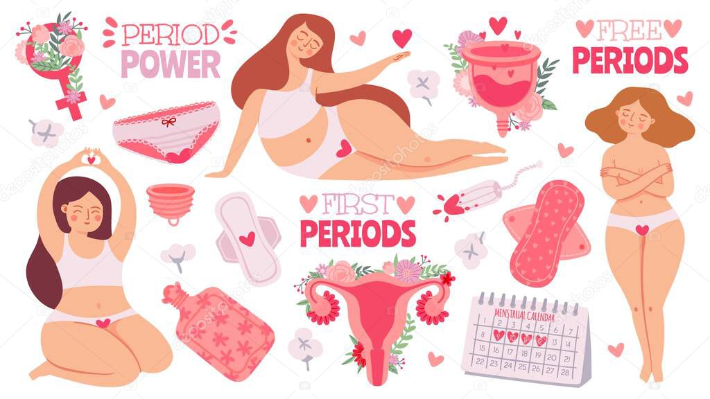 Female menstruation. Women with period and hygiene product tampon, sanitary pads and menstrual cup. Cartoon womb with flowers, vector set
