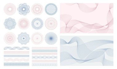 Para filigranı. Geometrik yuvarlak, sarmal ve soyut güvenli pasaport veya çek için gişeler. Spirograf desenleri ve sınır vektörü ayarlandı
