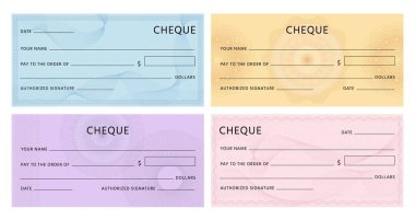 Cheque with guilloche. Bank chequebook template. Blank mockup for banknote voucher with spirograph watermark and abstract pattern vector set clipart