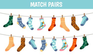 Matching socks game. Puzzle find pair. Preschool children educational worksheet activity. Socks on laundry rope. Match sock patterns vector clipart