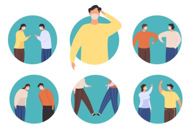 Temas olmayan selamlama simgesi. Virüsü durdurmak için yeni normal selamlama, el sıkışma namaste alternatifi, dirsek ve ayak çarpışması, wawing ve yay vektörü seti