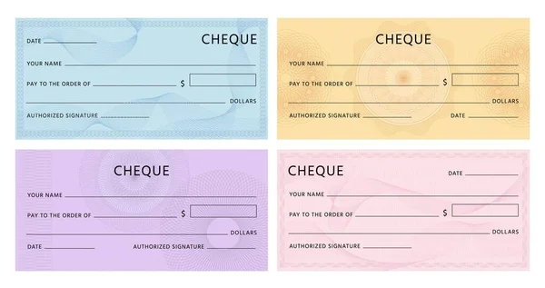 Cheque with guilloche. Bank chequebook template. Blank mockup for banknote voucher with spirograph watermark and abstract pattern vector set — Stock Vector