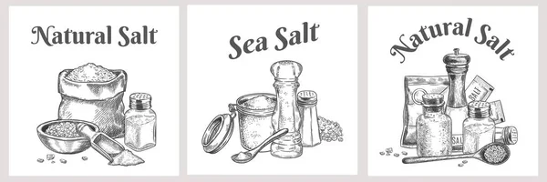 Etiquetas de sal marina. Cristales de salazón naturales y orgánicos para baño. Cartel de cocina con condimento. Diseño vectorial de especias vintage o envasado de sal — Vector de stock