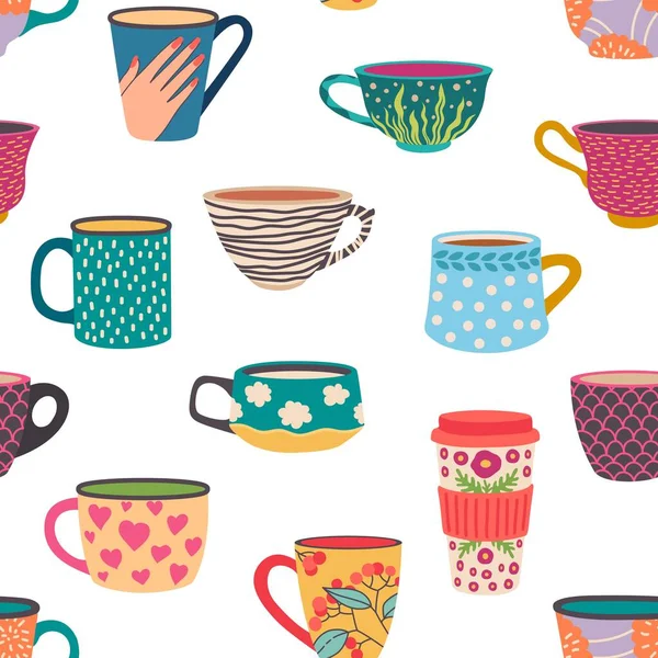 Coffee mug seamless pattern. Trendy hand drawn tea cups with ornaments and flowers. Cozy cafe hot drinks in mugs wallpaper vector texture — Stock Vector