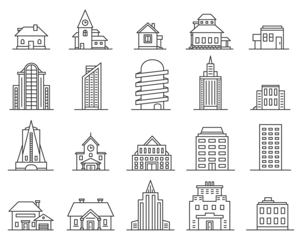 Reihen sich Wolkenkratzer und Häuser aneinander. Stadt- und Städtebau skizzieren. Immobilien-Ikone. Moderne Architektur und Ferienhaus, dünne lineare städtische Vektorset — Stockvektor