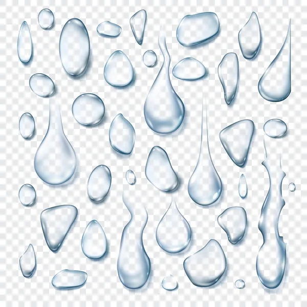 Gotas de agua. Forma realista de gotita de lluvia 3d en vidrio. Condensación caída limpia. Efecto fresco. Aqua goteo en el conjunto de vector de fondo transparente — Archivo Imágenes Vectoriales