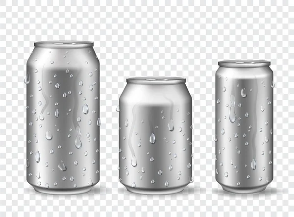 Latas con condensación. La cerveza fría de aluminio, la bebida energética o la limonada pueden maquetas con gotas de agua. 3d realista latas de soda de metal vector conjunto — Archivo Imágenes Vectoriales