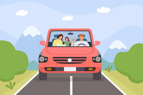 Familie im Auto. Eltern, Kind und Haustier auf Wochenend-Urlaub Roadtrip. Minivan mit Menschen. Cartoon Abenteuerreisen in den Bergen, Vektorkonzept — Stockvektor