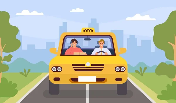 Taxifahrer und Kunde. Mann fährt Auto und Beifahrer mit Smartphone. Fahrerhaus von vorne in der Stadtlandschaft. Flat Cartoon Taxi App Vektor-Konzept — Stockvektor