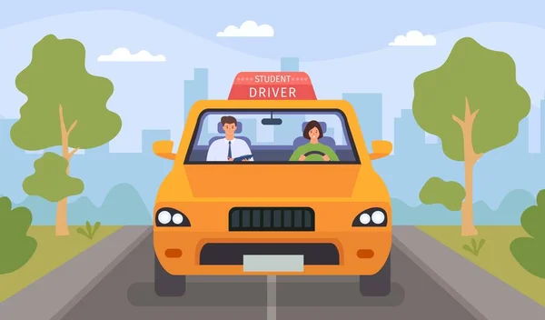 Урок вождения. Мультфильм инструктор и студентка водить автомобиль на дороге. Учитель тестирует женщину на водительские права — стоковый вектор