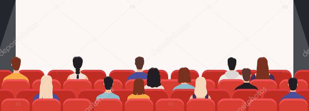 People in cinema from back. Movie theater audience watching film. Men and women public looking at screen in hall with chairs, vector concept
