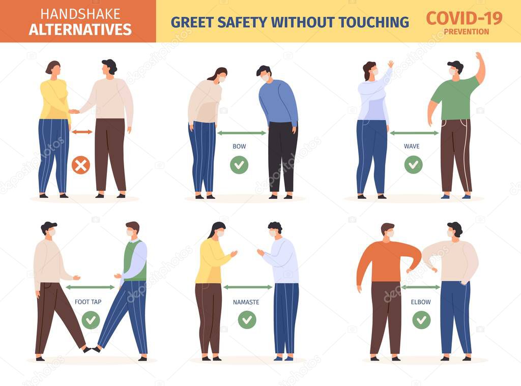 Safe greeting. People in masks keep social distance and use alternative greet, stop spread coronavirus. Avoid handshake vector infographic