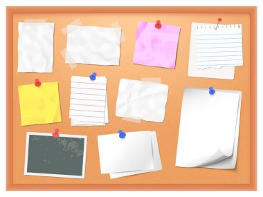 İğneli notları olan bir mantar tahtası. Ofis notu için vektör pimi notu