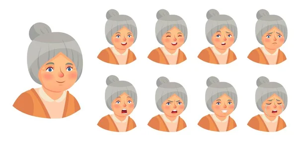 Großmutters Emotionen setzen ein. Vektor weiblicher Ausdruck — Stockvektor