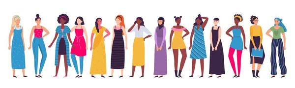 Multietnická skupina žen. Vektorová různorodá stojící žena — Stockový vektor