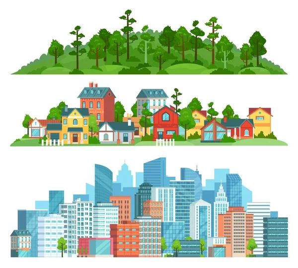 Natureza, paisagem suburbana e paisagem urbana conjunto ilustração isolado — Vetor de Stock