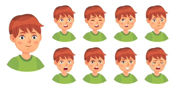 Boy emotions set, happy cry and angry — Stock Vector