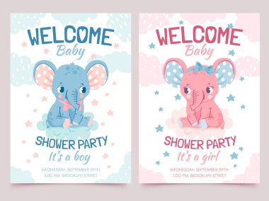 Bebek partisi fili. Bulutlarda fillerin olduğu yeni doğan erkek ve kız için davetiye. Hoş geldin şirin hayvan vektör setiyle çocuk afişi