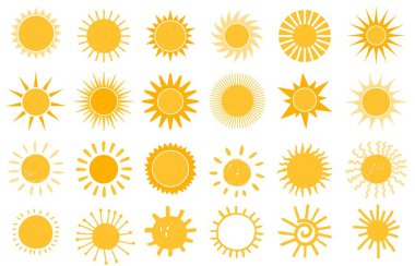 Çizgi film güneş ikonu. Düz ve elle çizilmiş yaz sembolleri. Güneş ışığı şeklindeki logo. Sabah güneşi siluetleri ve güneşli gün hava elementleri vektörü ayarlandı