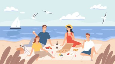 Plajda piknik. Bir grup arkadaş deniz kıyısında dinlenir ve yemek yerler. Mutlu erkekler ve kadınlar dışarıda öğle yemeği yer. Deniz kenarı vektörü kavramında tatil