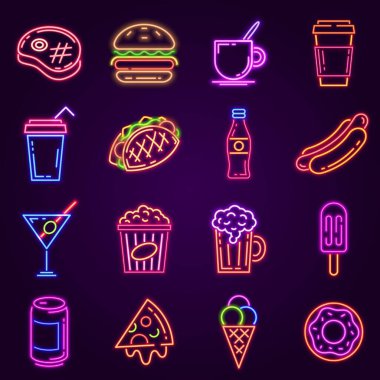 Neon fast food. Burger, patlamış mısır, sosisli, kahve ve pizzalı kafe ve bar tabelaları için parlayan bir ikon. Kokteyl ve bira kulübü vektörü ayarlandı