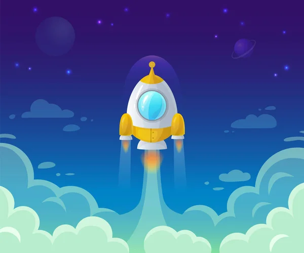Raketlancering op de ruimte. Een idee voor een bedrijf. Ruimteschip vliegen in de lucht, kosmos exploratie en sterrenstelsel reizen — Stockvector