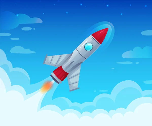 Ιπτάμενο διαστημόπλοιο με φλόγα. Έναρξη νέου επιχειρηματικού έργου ή ιδέα εκκίνησης. Πτήση με πύραυλο ταχείας ταχύτητας στον ουρανό — Διανυσματικό Αρχείο