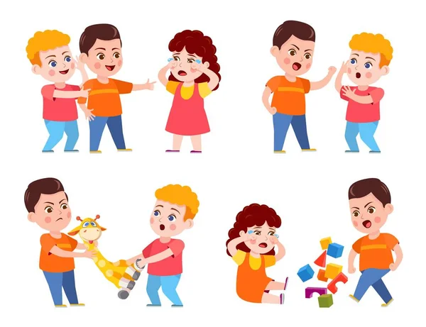 Bully child. Cartoon bad kid fight and mock crying girl. Verbal and physical bullying. Problem behavior children in kindergarten vector set — Stock Vector
