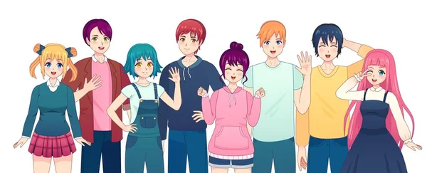 Grupo de personajes de anime. Joven manga de chicas y chicos amigos en estilo cómico japonés. Sonriente coreano macho y hembra estudiantes vector conjunto — Archivo Imágenes Vectoriales