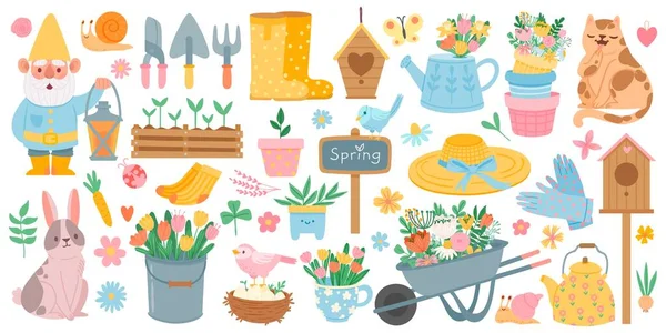 Elementi primaverili. Fioritura di fiori, simpatici animali e uccelli. Primavera decorazione del giardino, birdhouse, strumento e piante, disegnato insieme vettore cartone animato — Vettoriale Stock