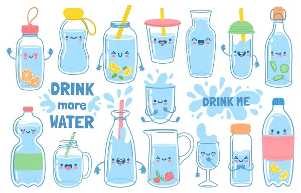 Bevi più acqua. Bottiglie, vetro e brocca con facce divertenti dei cartoni animati. Disintossicare le acque con limone e menta. Motivazione per la salute insieme vettore abitudine — Vettoriale Stock