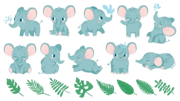 Des bébés éléphants. Mignon animal de dessin animé et feuilles tropicales. Baby douche éléphant dort, s'assoit et fait jet d'eau. Ensemble vecteur décoration pépinière — Image vectorielle