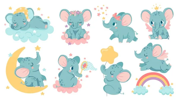 Dreaming elephant. Baby elephants sleep on cloud and moon, catch star or fly over rainbow. Magic animal girl with crown and wings vector set — Stock Vector