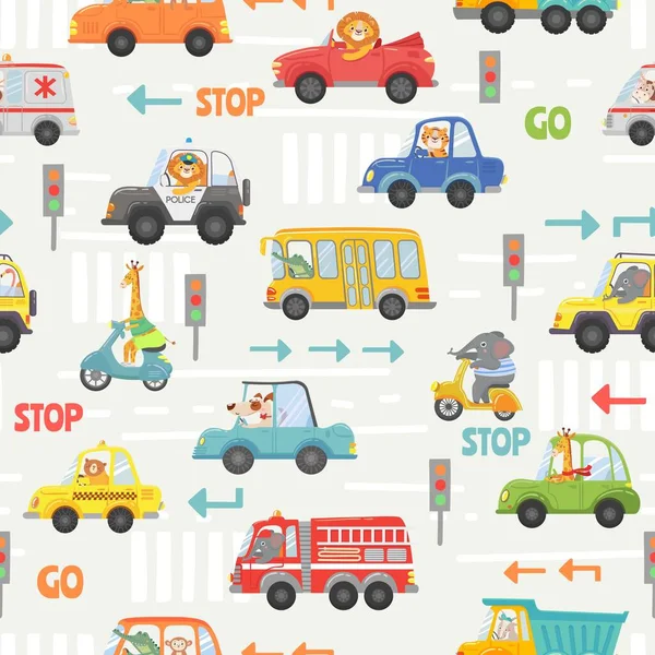 Animals in transport seamless pattern. Kid cartoon cars, bus, police and bike with animal driver. Vector texture with road traffic and signs — Stock Vector