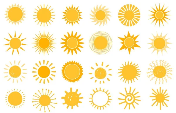 Ícone do sol dos desenhos animados. Símbolos de verão planos e desenhados à mão. Logotipo em forma de sol. silhuetas sol da manhã e dia ensolarado elementos meteorológicos conjunto vetor —  Vetores de Stock