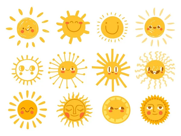 Personagens solares. Emoji do sol dos desenhos animados com rostos engraçados. Crianças decoração berçário com desenhos de dia ensolarado. Criança feliz conjunto vetor da manhã —  Vetores de Stock