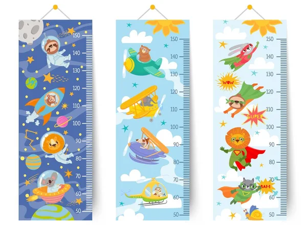 Gráfico de altura de crianças. Régua de parede de desenhos animados para crianças com animais astronauta no espaço, pilotos no céu e super-heróis, conjunto de vetor de medidor de adesivo — Vetor de Stock